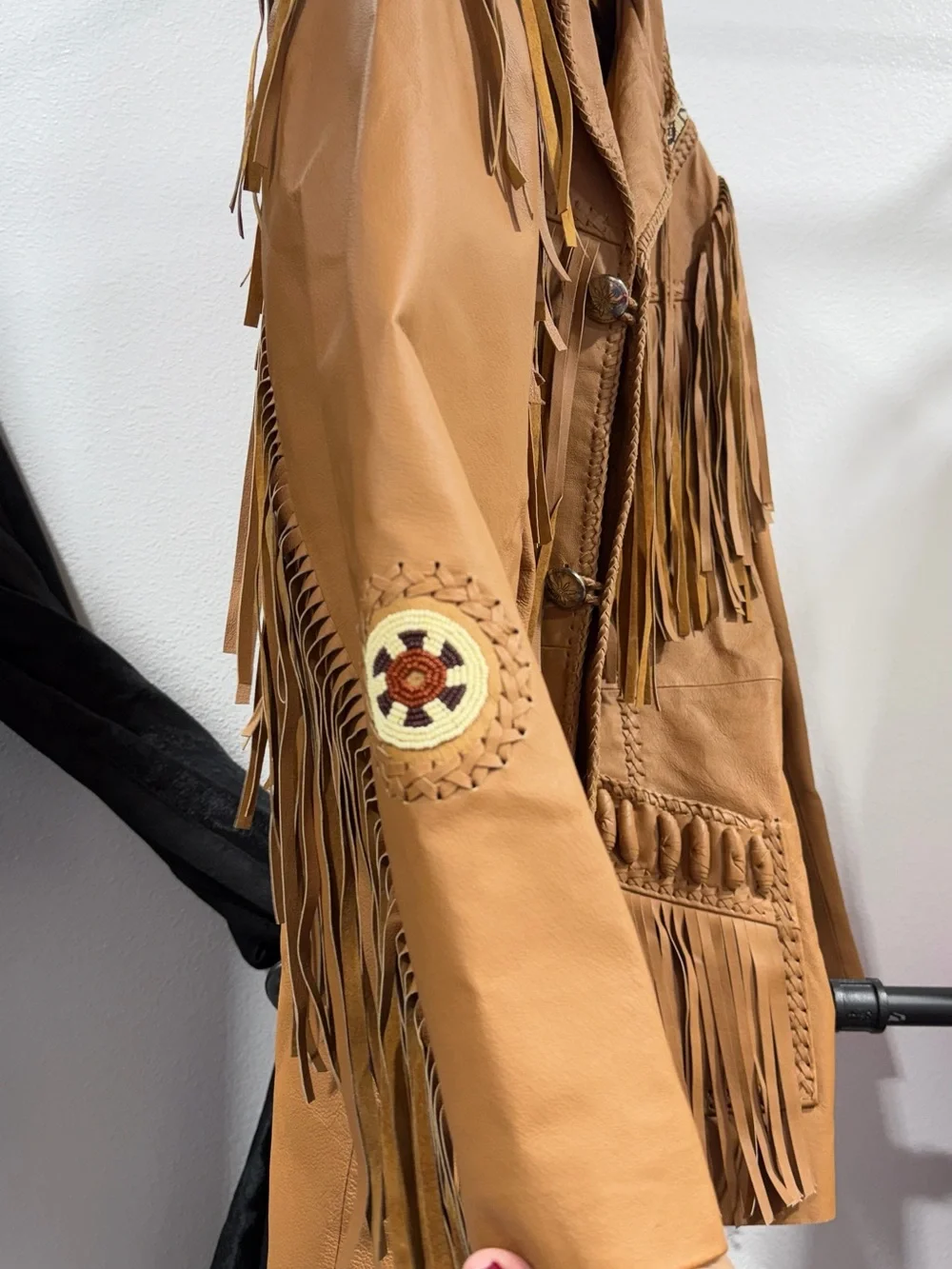 Scully Tan Leather Fringe Jacket with Beaded Shoulder Accents